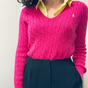 Ralph Lauren Sport Cable Knit Sweater V-neck Fuchsia Pink Women's L